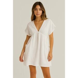Day + Moon White Linen Gauze V-Neck Tunic Mini Dress Small Bridal Bachelorette